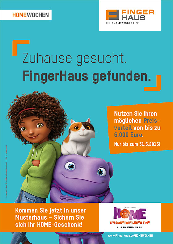 Zuhause gesucht. FingerHaus gefunden. Grafik: FingerHaus / DreamWorks Home 2015 DreamWorks Animation L.L.C. All Rights Reserved.