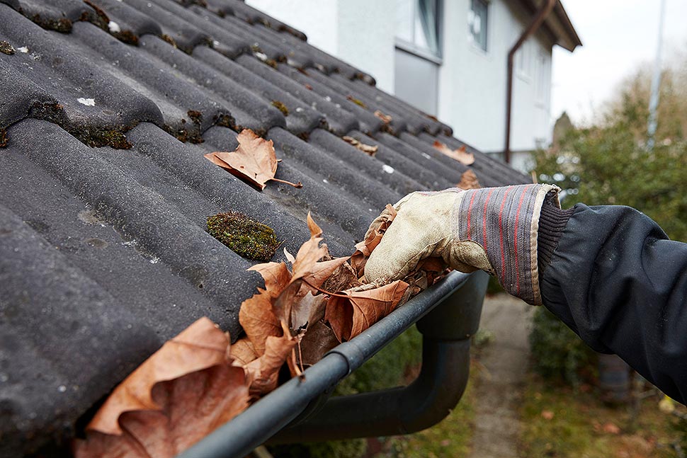 Wird die Regenrinne von Blättern befreit, am besten gleich nach losen Ziegeln Ausschau halten. Foto: Bausparkasse Schwäbisch Hall/Scheyhing Wird die Regenrinne von Blättern befreit, am besten gleich nach losen Ziegeln Ausschau halten. Foto: Bausparkasse Schwäbisch Hall/Scheyhing