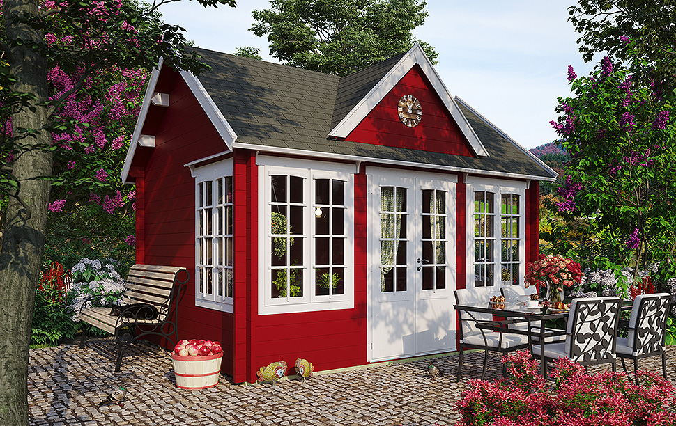 Farbenfrohes Gartenhaus im englischen Stil: Modell Clockhouse Windsor 70. Foto: gartenhausfabrik.de