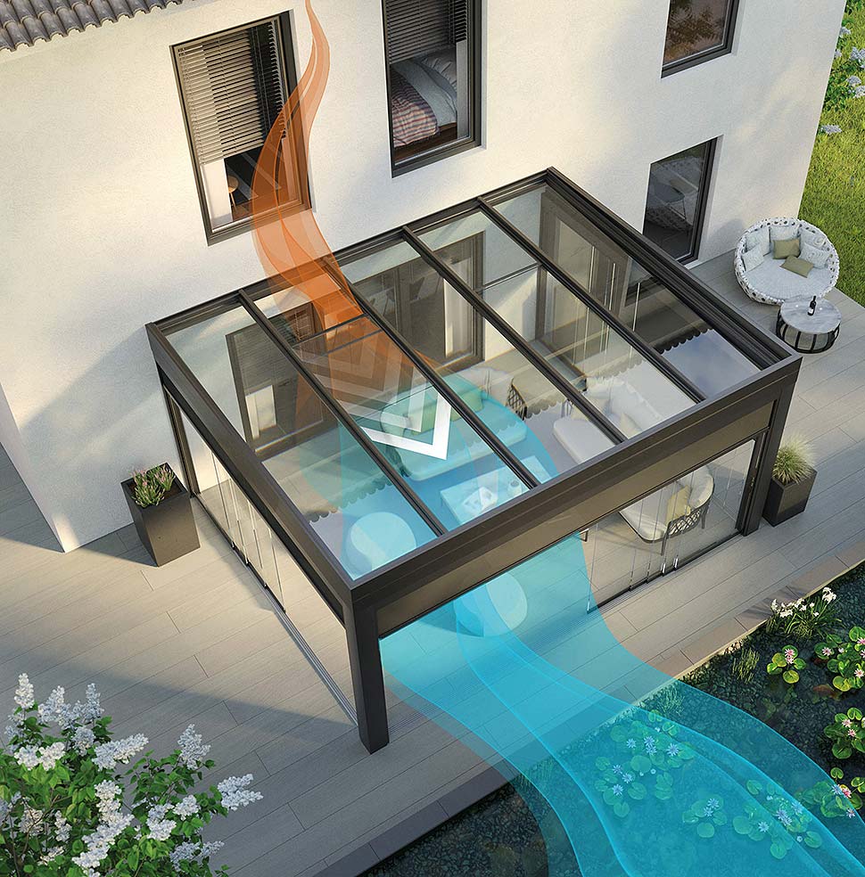 Elegante Optik, ausgereifte Technik, Made in Germany: Mit Schiebefenstern im Terrassendach werden Sommergärten optimal belüftet. Bilder: TS-Aluminium-Profilsysteme GmbH & Co. KG Elegante Optik, ausgereifte Technik, Made in Germany: Mit Schiebefenstern im Terrassendach werden Sommergärten optimal belüftet. Bilder: TS-Aluminium-Profilsysteme GmbH & Co. KG