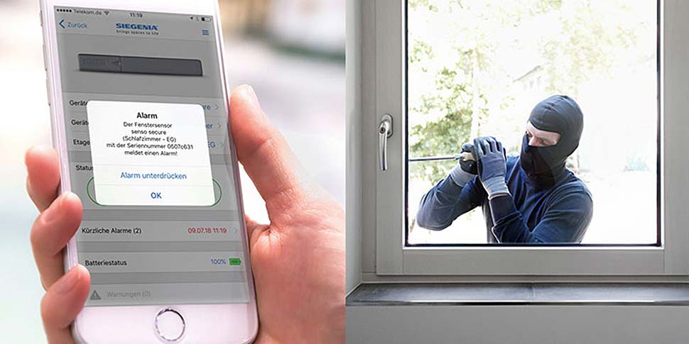 Smarte Sicherheit: Sobald der Fenstersensor einen Manipulationsversuch erkennt, reagiert er mit einem Warnton direkt am Fenster und schickt auf Wunsch eine Push-Nachricht auf ein Smartphone. Foto: djd / SIEGENIA-AUBI KG Smarte Sicherheit: Sobald der Fenstersensor einen Manipulationsversuch erkennt, reagiert er mit einem Warnton direkt am Fenster und schickt auf Wunsch eine Push-Nachricht auf ein Smartphone. Foto: djd / SIEGENIA-AUBI KG