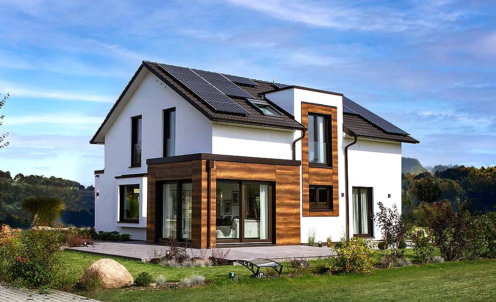 Musterhaus Kopenhagen. RENSCH-HAUS legt seit vielen Jahrzehnten großen Wert auf  Nachhaltigkeit, Energieeffizienz und ein gesundes Raumklima. 80 % aller Neubauten von  RENSCH-HAUS werden bereits mit einer Photovoltaik-Anlage errichtet. Foro: RENSCH-HAUS
