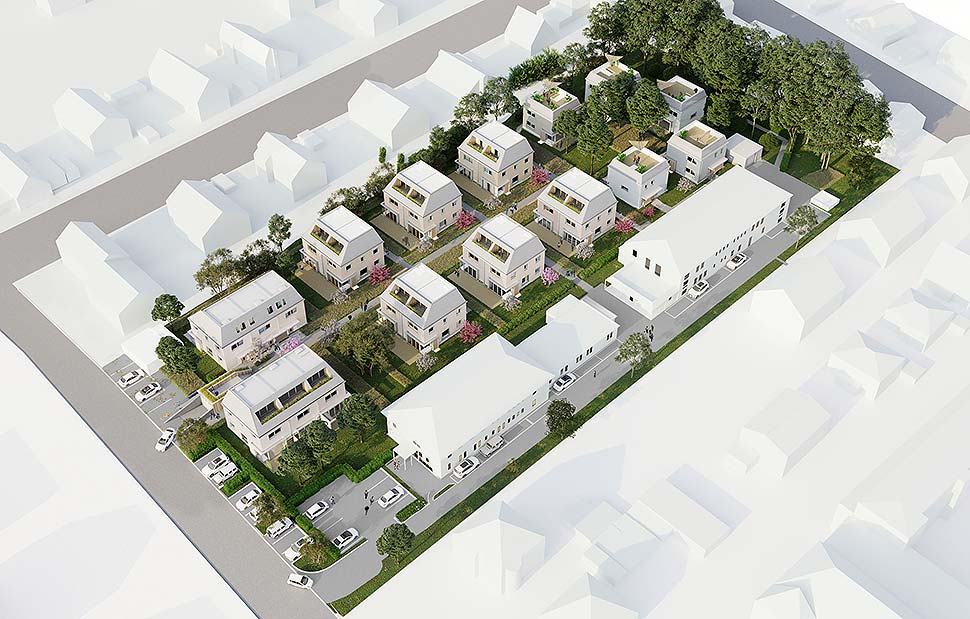 In München/Neubiberg baut Rubner Haus ein nachhaltiges Wohnquartier in Holz-Fertigbauweise. Grafik: Kartenbeck und Lang Architekten Partnergesellschaft mbB In München/Neubiberg baut Rubner Haus ein nachhaltiges Wohnquartier in Holz-Fertigbauweise. Grafik: Kartenbeck und Lang Architekten Partnergesellschaft mbB