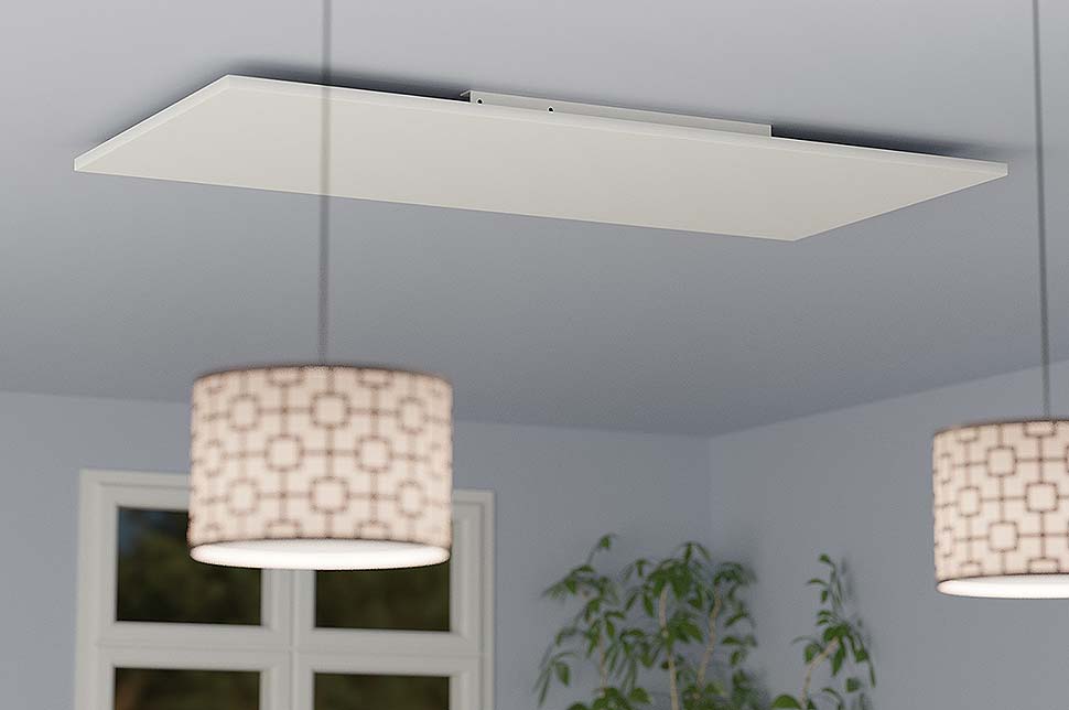 Steel-Line Wohnzimmerdecke - Infrarotheizgeräte können an Decken und Wänden installiert werden. Foto: Wolff + Maier