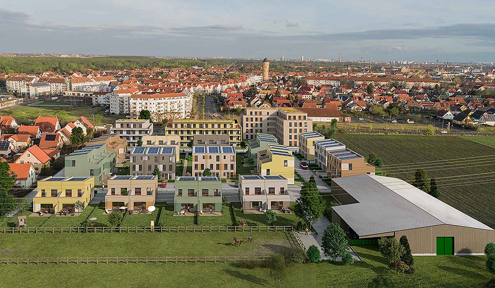 Bild zeigt Rendering Quartiersentwicklung “Schöner Land”. Foto: Haas Fertigbau GmbH