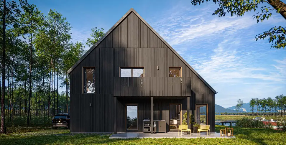Einfamilienhauses Sela in der Frontansicht aus der Linie „Die Neuen Fünf Von Haas“ Foto: Haas Fertigbau