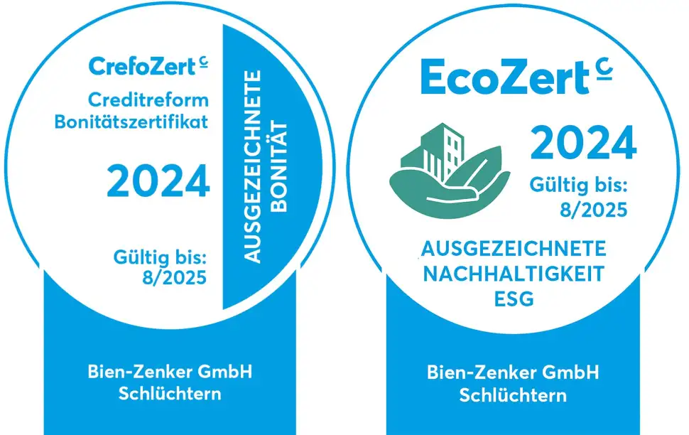 In unsicheren und herausfordernden Zeiten bescheinigt Creditreform dem Fertighausunternehmen Bien-Zenker (www.bien-zenker.de) „ausgezeichnete Bonität“ und „ausgezeichnete Nachhaltigkeit“. Grafik: Crefo / Bien-Zenker