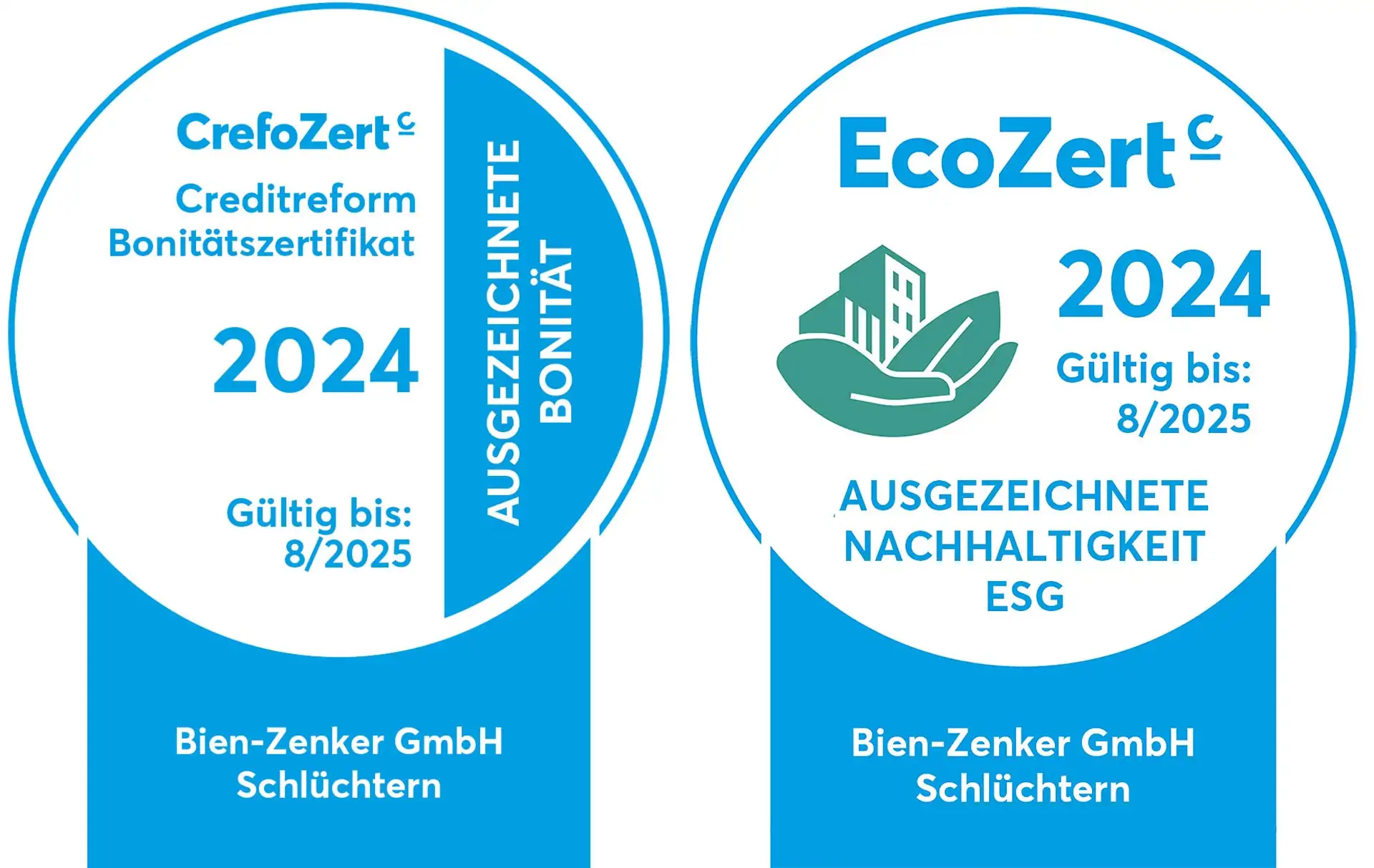 In unsicheren und herausfordernden Zeiten bescheinigt Creditreform dem Fertighausunternehmen Bien-Zenker (www.bien-zenker.de) „ausgezeichnete Bonität“ und „ausgezeichnete Nachhaltigkeit“. Grafik: Crefo / Bien-Zenker