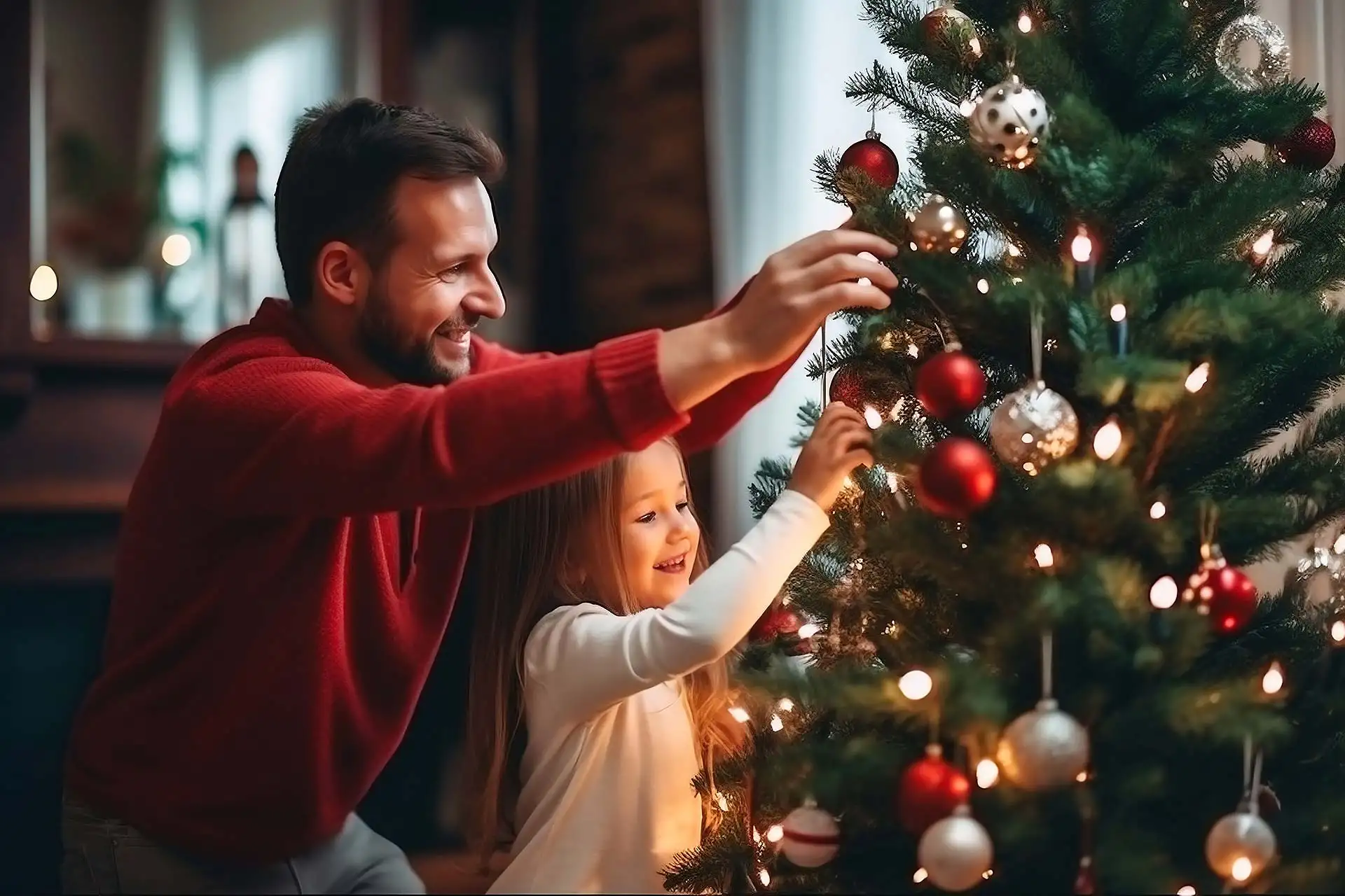 Wenn Papa den Weihnachtsbaum mit einem stabilen Christbaumständer fixiert hat, geht es für die ganze Familie ans festliche Schmücken mit bunter Deko. Foto: djd / KRINNER / Anoo - stock.adobe.com (KI generiert)