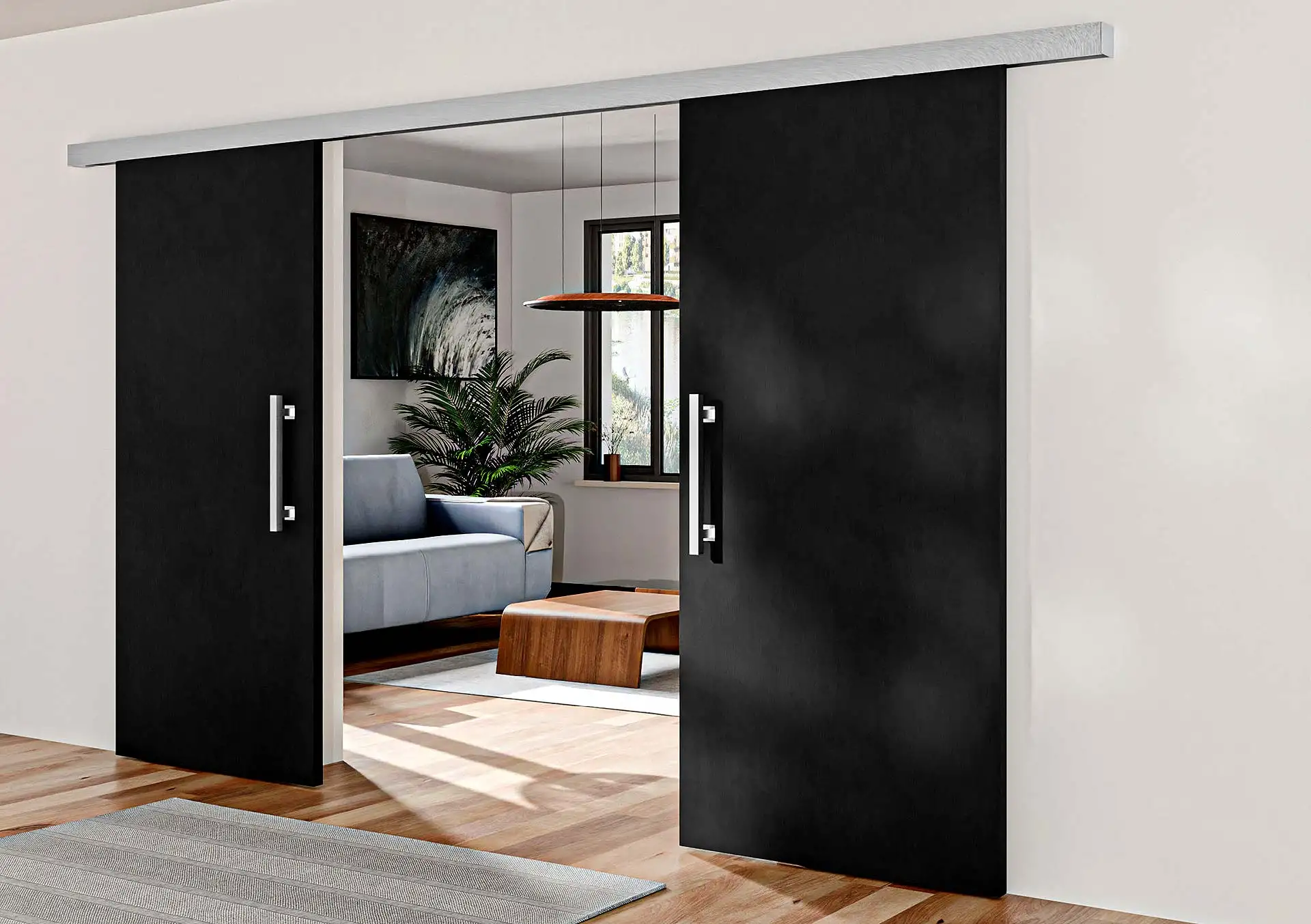 Ebenfalls neu ist bei Slido D-Line11 symmetrisches Schieben f&uuml;r zwei T&uuml;rfl&uuml;gel. Das Angebot umfasst L&ouml;sungen f&uuml;r Wand- oder Deckenmontage und f&uuml;r T&uuml;rbreiten zwischen 600 und 1500 Millimetern. Bei Holzt&uuml;ren darf das T&uuml;rblatt dabei 26-47 Millimeter stark sein, bei Glast&uuml;ren 8-12,7 Millimeter und bei Alurahment&uuml;ren 45 Millimeter. Foto: H&auml;fele