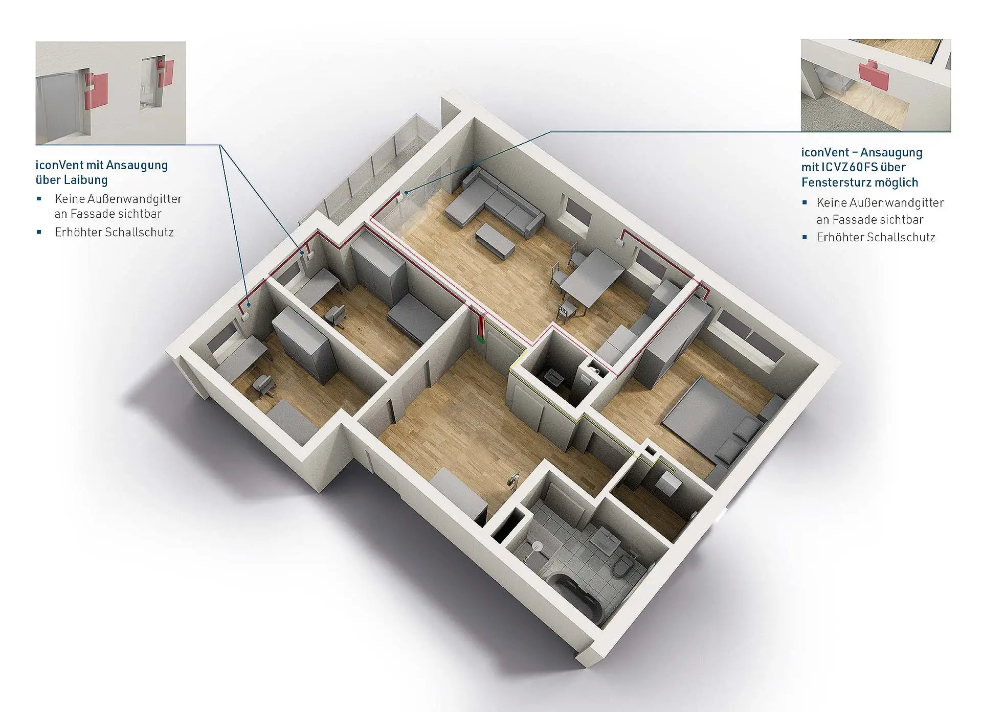 Der iconVent 165 lässt sich direkt in die Fensterlaibung einzubauen. So sind keine Außenwandgitter an der Fassade sichtbar und der Schallschutz wird erhöht. Bild: Pluggit GmbH
