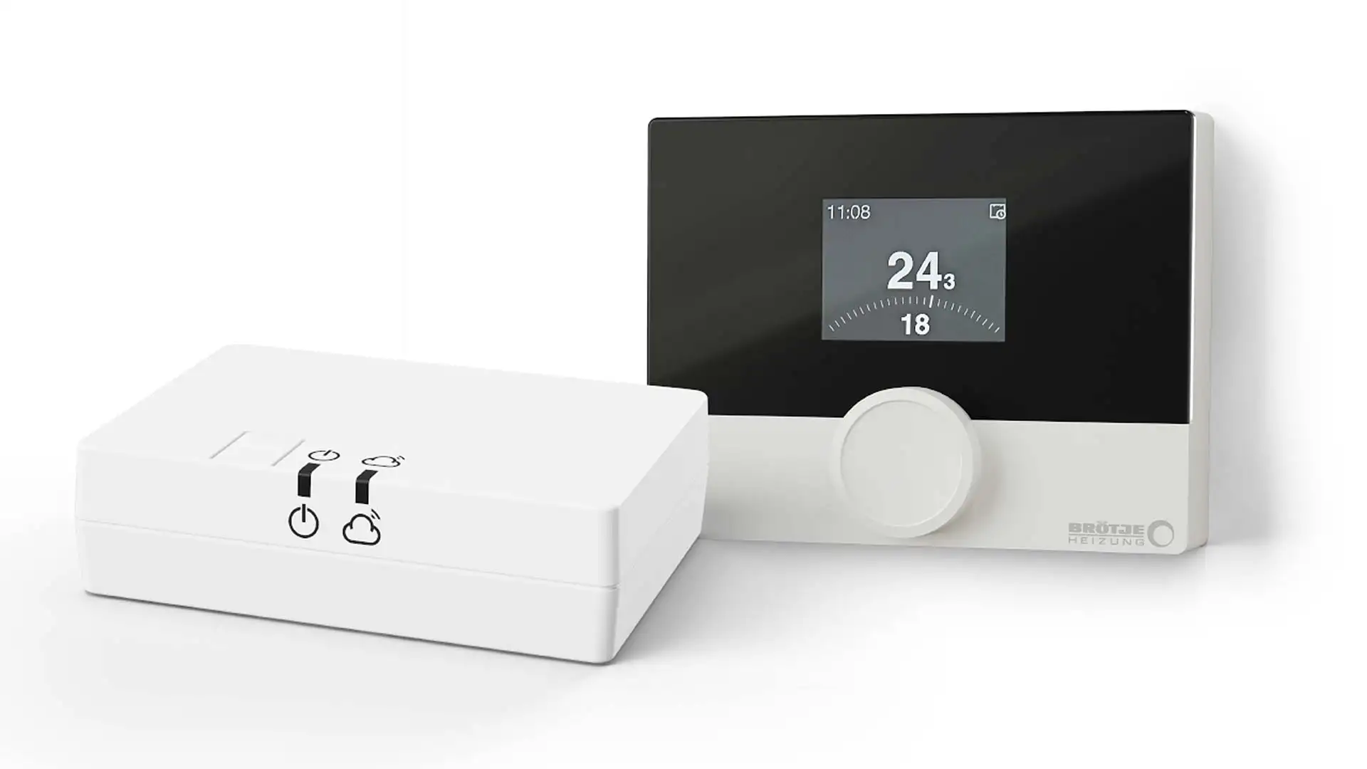 Das IoT Gateway IWR DataConnect (links) ist die Kommunikationszentrale des Heizsystems. Es steht per Funk mit dem flexibel platzierbaren Raumgerät IWR IDA Basic (rechts) in Verbindung. Bild: August Brötje GmbH