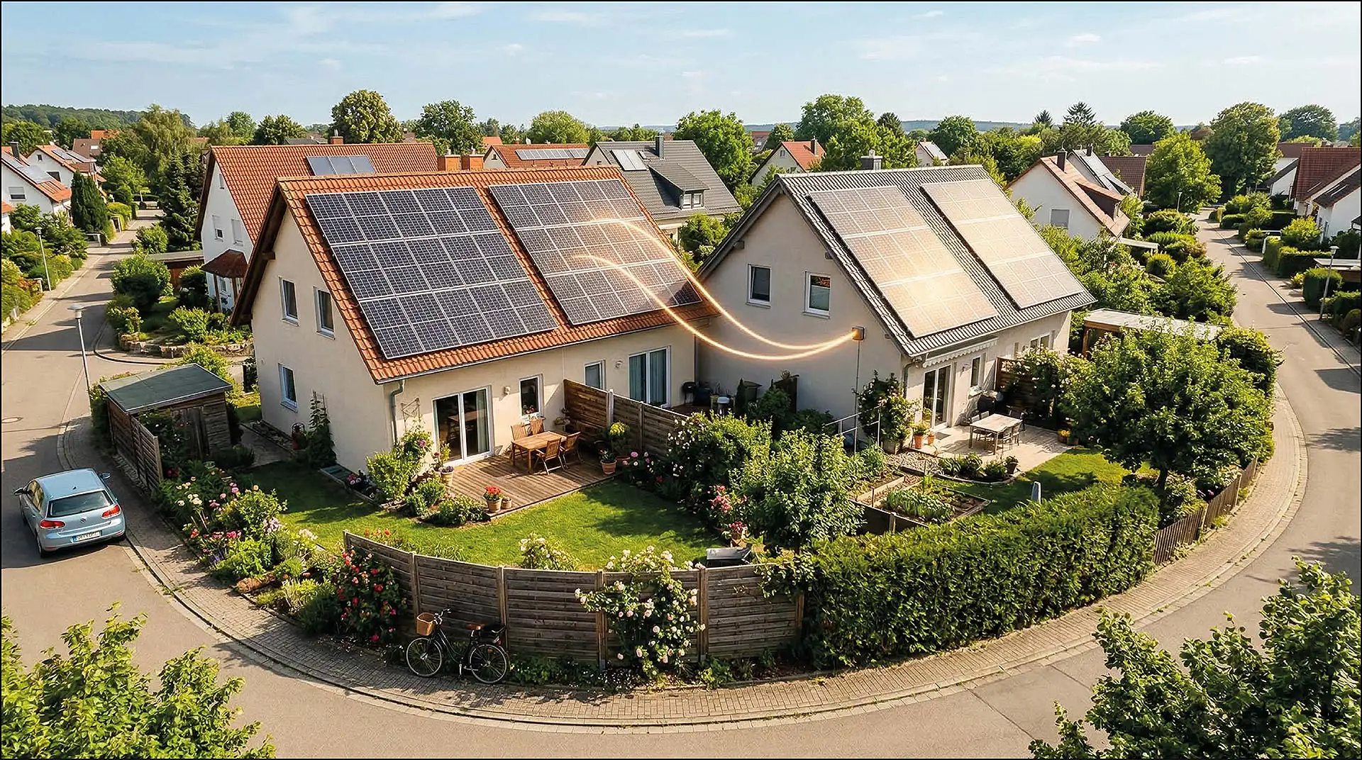 Die Abgabe von Solarstrom an Nachbarn ist wirtschaftlich attraktiv und er&ouml;ffnet Sanierern, Modernisierern und Baufamilien neue M&ouml;glichkeiten. Foto: Energieberatung der Verbraucherzentrale, KI