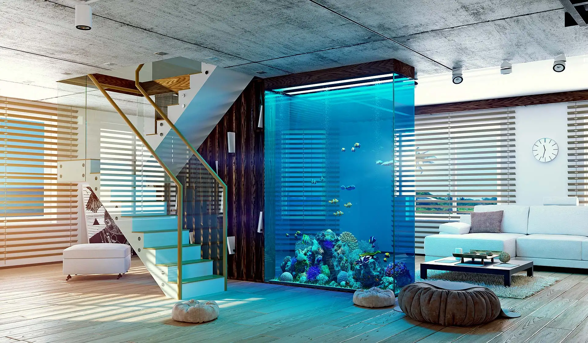 Aquarien als stilvolle Gestaltungselemente – ein hochwertiges Aquarium verbindet modernes Design mit entspannender Atmosphäre und wird zum echten Blickfang in jedem Raum. Foto: vicnt / iStock.com