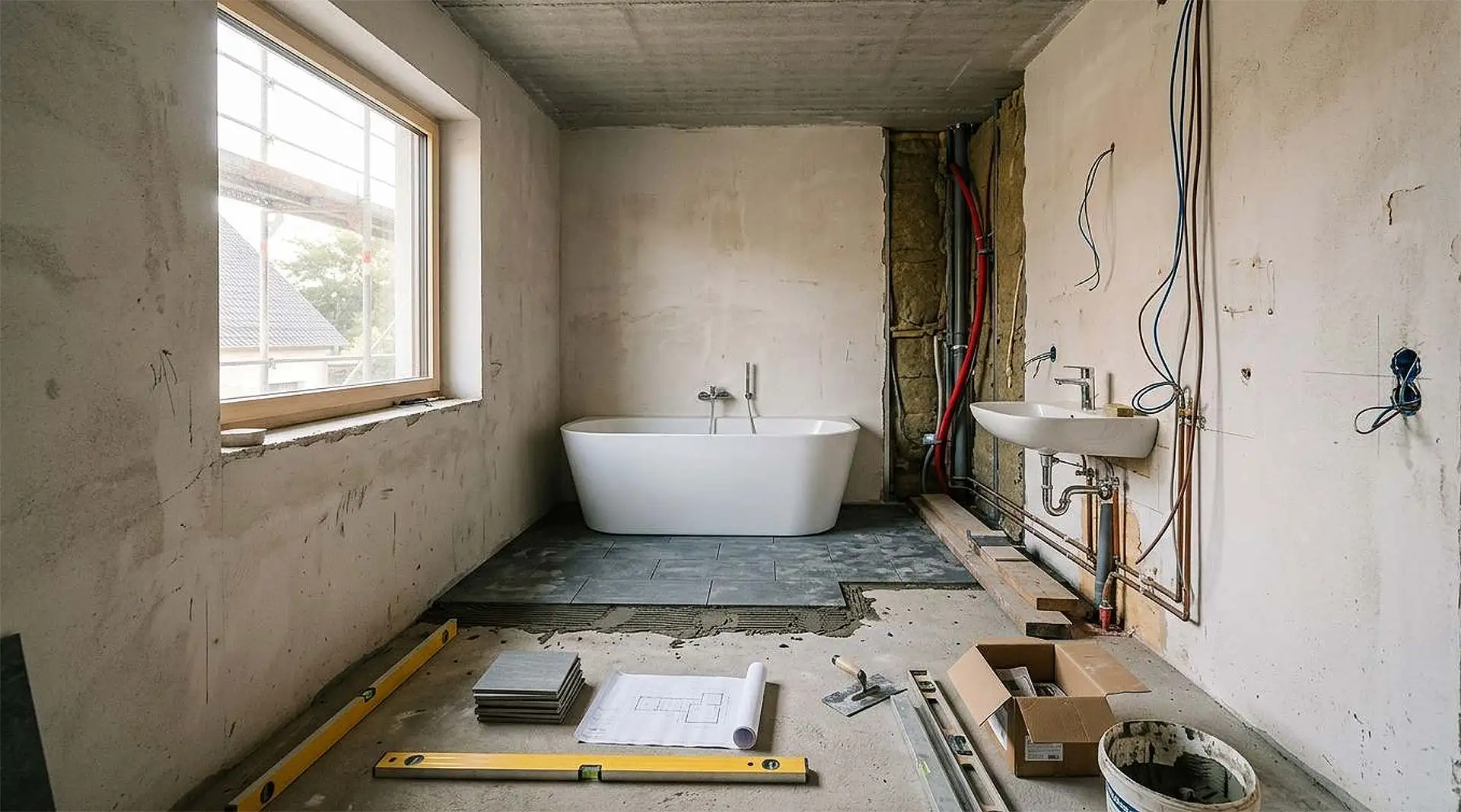 Badplanung im Ausbauhaus: Vom Rohbau zum Waschtisch. Foto: Nano Banana 2